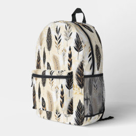 Impresa Mochila con estampado de plumas negro y dorado