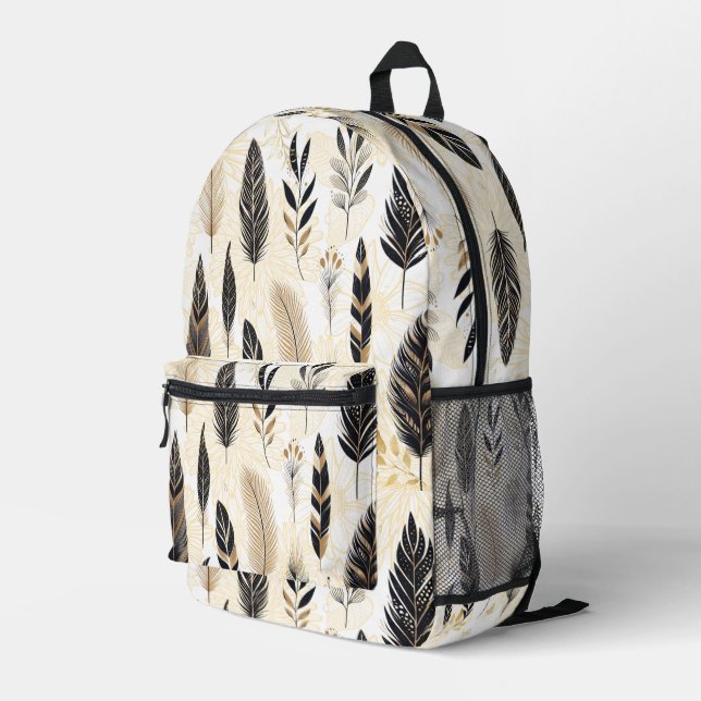 Impresa Mochila con estampado de plumas negro y dorado (Esquina derecha trasera )