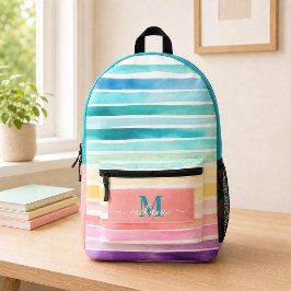 Impresa Mochila con Monograma Turquesa y Rayas de Arcoíris