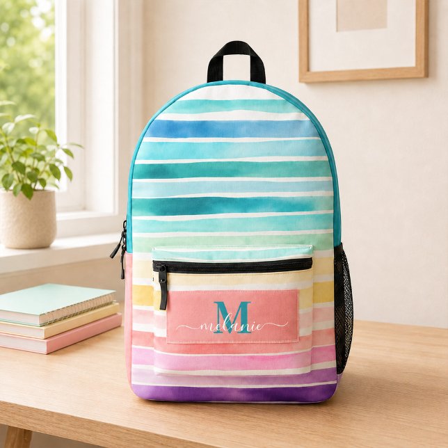 Impresa Mochila con Monograma Turquesa y Rayas de Arcoíris (Colorful Stripes Rainbow Custom Monogram Name Printed Backpack)