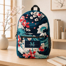 Impresa Mochila con olas de Sakura japonesas y monograma e