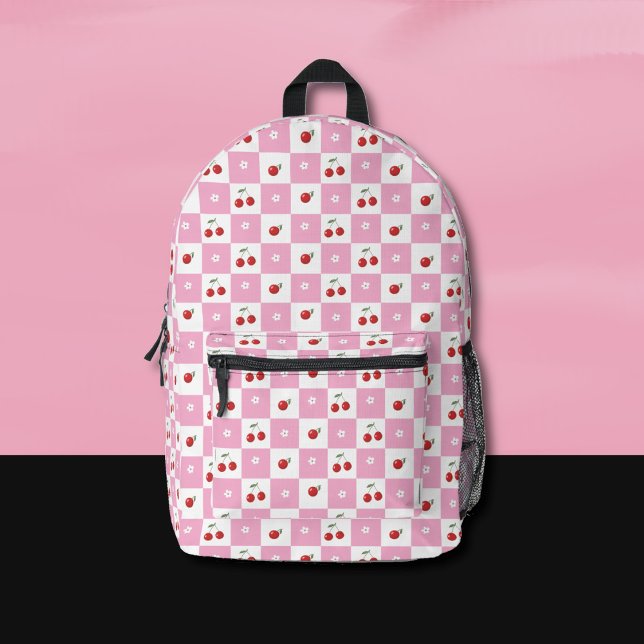 Impresa Mochila de cereza con estampado de gingham rosa y  (Whimsical pink and white Gingham pattern backpack with a cherry theme . )