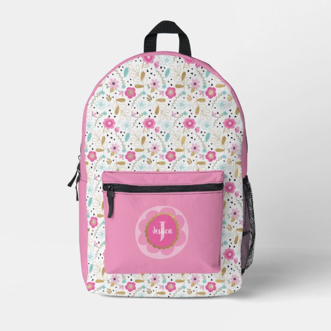 Impresa Mochila de Chicas florales rosas monograma (Anverso)
