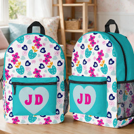 Impresa Mochila de corazones y flores azul verdoso con ini