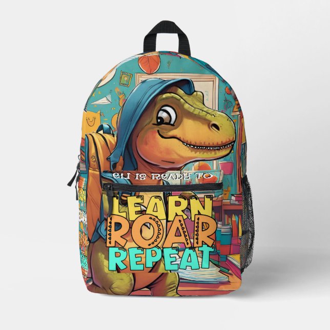 Impresa Mochila de Dino Personalizada - Aprende, Ruge, Rep (Anverso)
