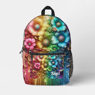 Impresa Mochila de flores de arcoíris femeninas con gotas