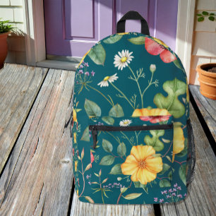Impresa Mochila de flores silvestres vintage / Verde azula