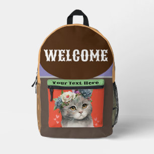Impresa Mochila de gato floral linda, mochila escolar pers