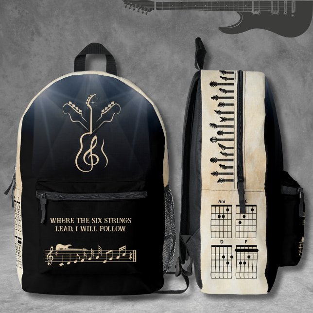 Impresa Mochila de guitarra negra y tan de artista musical (Music Artist Black and Tan Guitar Backpack)