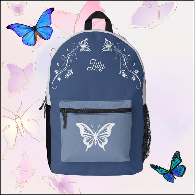 Impresa Mochila de mariposa original Mochila azul y blanca (Whimsical Butterfly Backpack)