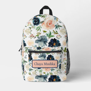 Impresa Mochila de nombre de niña floral rosa azul marino