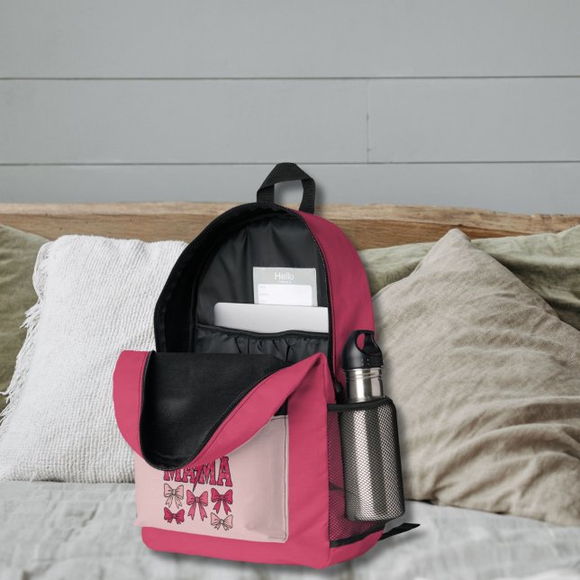 Impresa Mochila de pañales para mamá con lazos de coqueta  (Mama Pink Bow Coquette Aesthetic backpack or diaper bag. Baby shower new mom gift,)