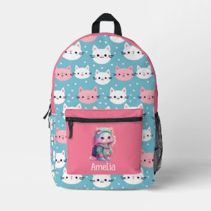 Impresa Mochila de patrón de gato blanco y rosado