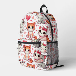 Impresa Mochila de patrón de gato y corazón lindo - rosa y