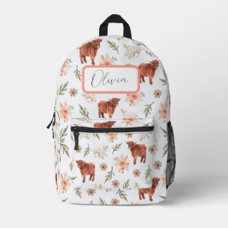 Impresa Mochila del Chica Highland Cow Floral