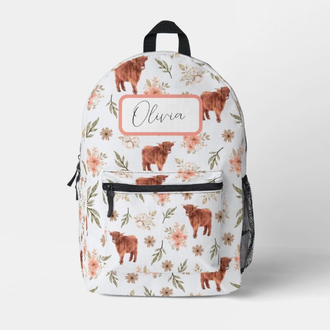 Impresa Mochila del Chica Highland Cow Floral (Anverso)
