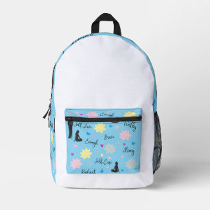 Impresa Mochila Diseño de Autocuidado Floral Azul y Blanco