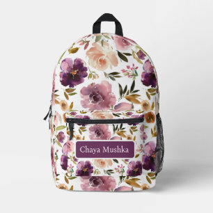 Impresa Mochila Elegante con Nombre de Niña Floral Púrpura