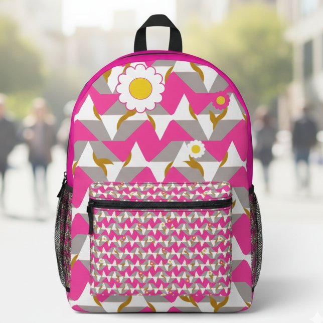 Impresa Mochila femenina rosa y amarilla boho (Bold pink pattern with floral fun. A cute everyday carry for girls who love color.)