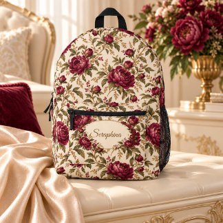 Impresa Mochila floral de marfil con peonía borgoña person