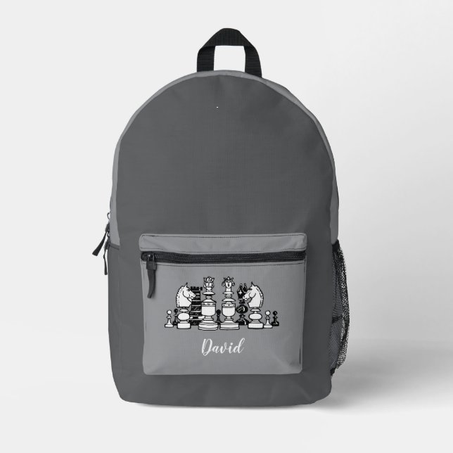 Impresa Mochila gris personalizada con tema de ajedrez par (Anverso)