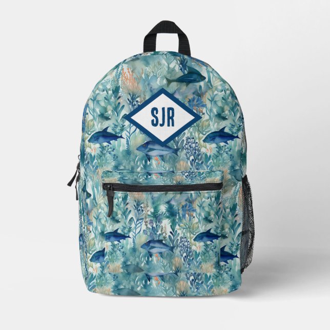 Impresa Mochila Monograma de Pez Azul (Anverso)
