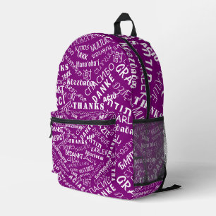 Impresa Mochila morada con texto multilingüe de GRACIAS