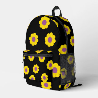 Impresa Mochila Negra Con Flores Amarillas y Moradas