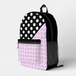 Impresa Mochila Negra Y Rosa Para Chicas Corazones Y Punto