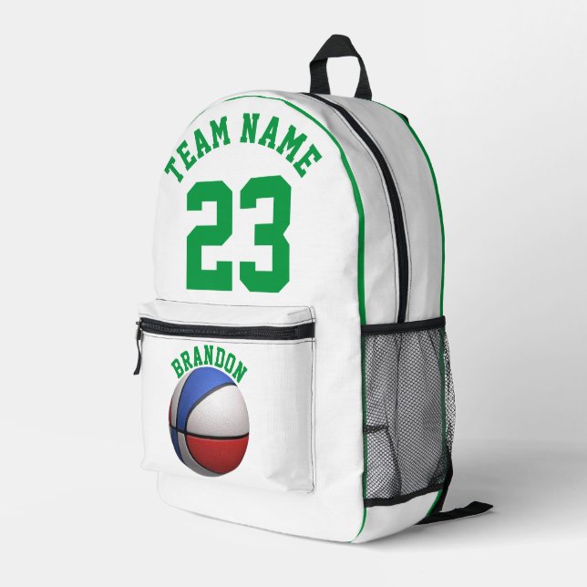 Impresa Mochila niños niños baloncesto deportes verde blan (Esquina derecha trasera )