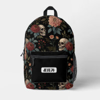 Mochila oscura con estampado floral de cráneo