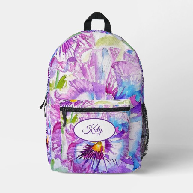 Impresa Mochila Pansy Watercolor de flores moradas (Anverso)
