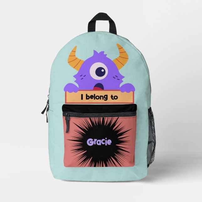 Impresa Mochila personalizada Bag Buddy Monstruo Morado (Anverso)