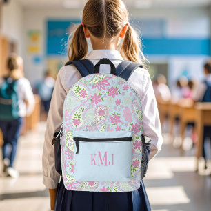 Impresa Mochila Personalizada Monograma Paisley Rosa Azul 