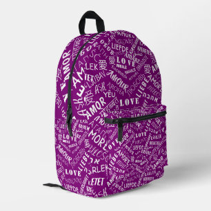 Impresa Mochila púrpura con texto de amor multilingüe