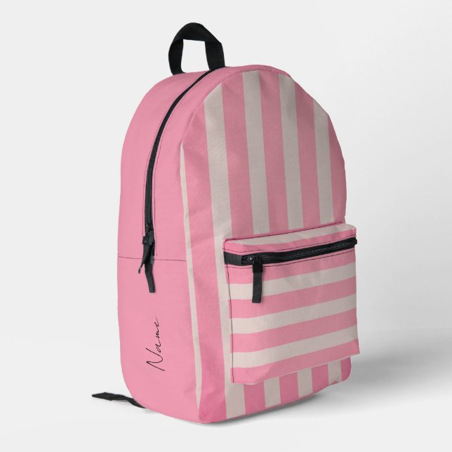 Impresa Mochila rayada rosa con nombre de Personalizable (Esquina izquierda trasera)