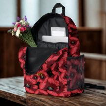 Mochila Roja con Patrón de Amapola Personalizada