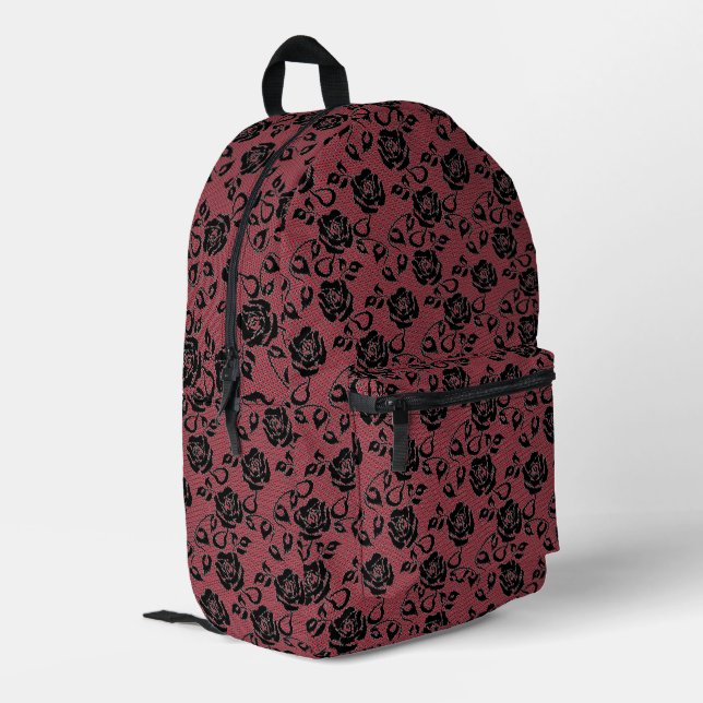 Impresa Mochila roja de Fishnet, Rosa de encaje negro fals (Esquina izquierda trasera)