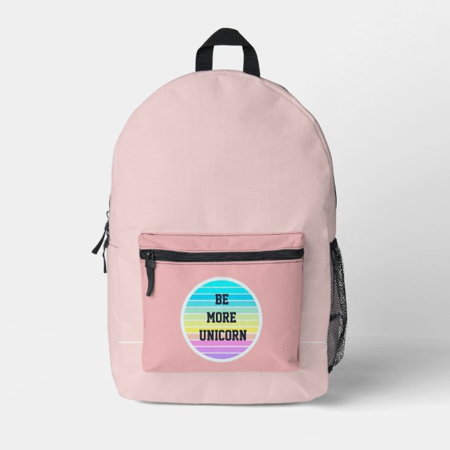 Impresa mochila rosa "be more unicorn" en polvo (Anverso)
