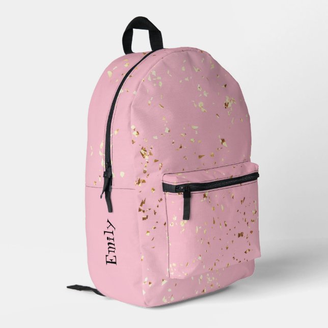 Impresa Mochila rosa personalizada con confetti de oro (Esquina izquierda trasera)
