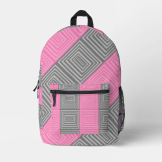 Impresa Mochila rosa y gris con cuadrados abstractos rayas