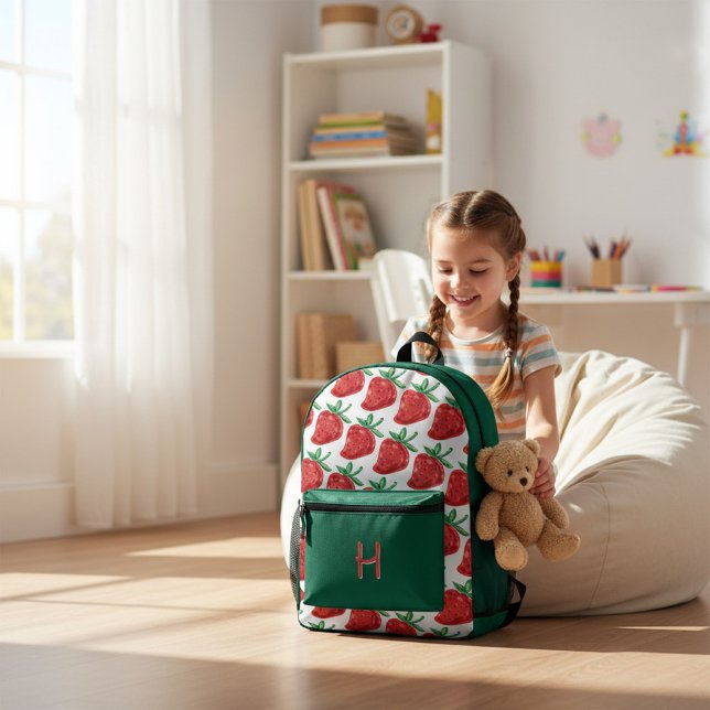 Impresa Mochila Verde con Patrón de Fresa Roja (Subido por el creador)