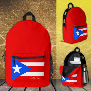 Impresa Puerto Rico, mochila roja, bandera puertorriqueña