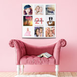 Impresión Acrílica 21st birthday photo collage woman white<br><div class="desc">A gift for a woman's 21st birthday,  celebrating her life with a collage of 8 of your photos.  Templates for a name,  age 21 and a date.  Date of birth or the date of the anniversary.  Coral and burgundy colored letters.  White background.</div>