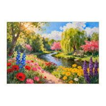 Colorful Flower Garden River Spring Landscape Art