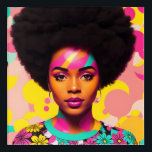 Impresión Acrílica Colorida Mujer Negra Afro Pop Art<br><div class="desc">Esta obra de arte pop presenta a una hermosa mujer negra con una gran afro, estética de los años 70 con un poco de flor y aretes de aro. Una vibrante belleza melanina con cabello natural en una atrevida pieza de arte digital multicolor. El color cian, magenta rosa y amarillo...</div>