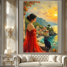 Costa italiana con dama y gato negro