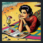 Impresión Acrílica Dama Retro en Beach Daydreaming sobre la moda<br><div class="desc">Mujer de arte pop retro con un vestido de mediados de siglo al estilo de los años 50 tomando un cóctel y soñando con la moda leyendo una revista en la playa.</div>