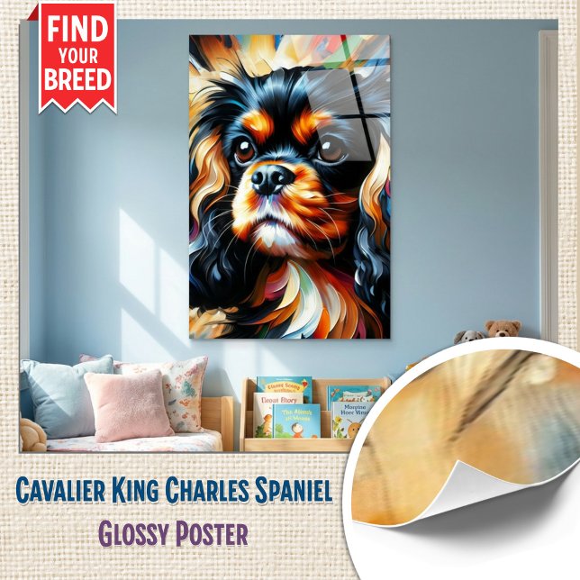 Impresión Acrílica de Perro Cavalier King Charles  (Glossy Wall Art - Cavalier Spaniel Bold Abstract Portrait)