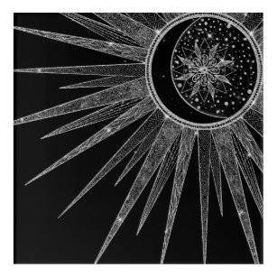 Impresión Acrílica Elegante luna de sol plateado Mandala Diseño negro